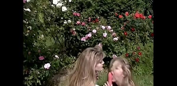  Sexy brunettes lick each others pussy in the garden